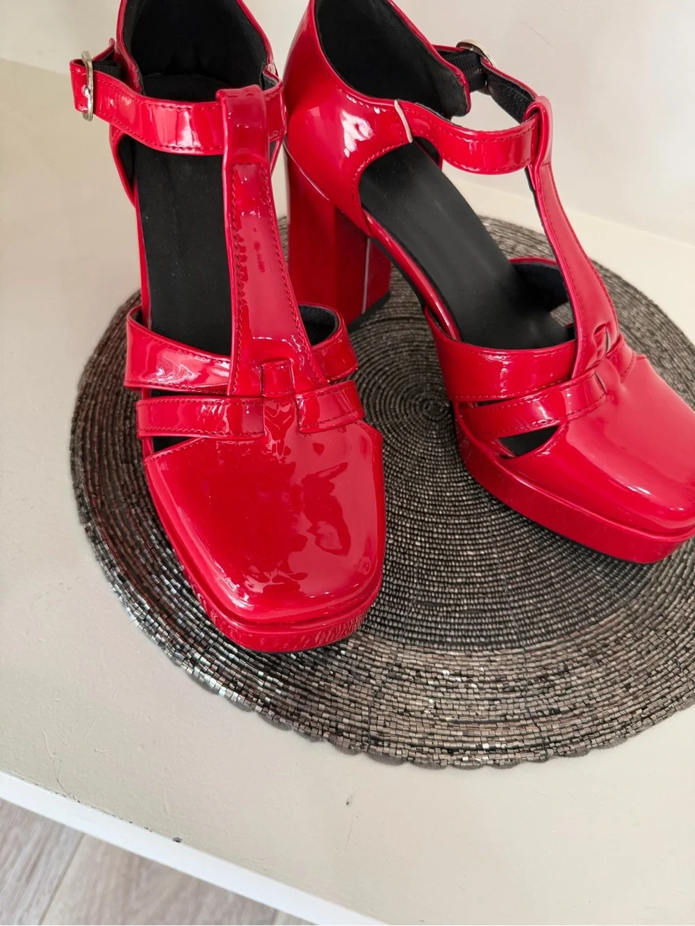 Patent Red T-Strap Platform Heels with Ankle Buckle